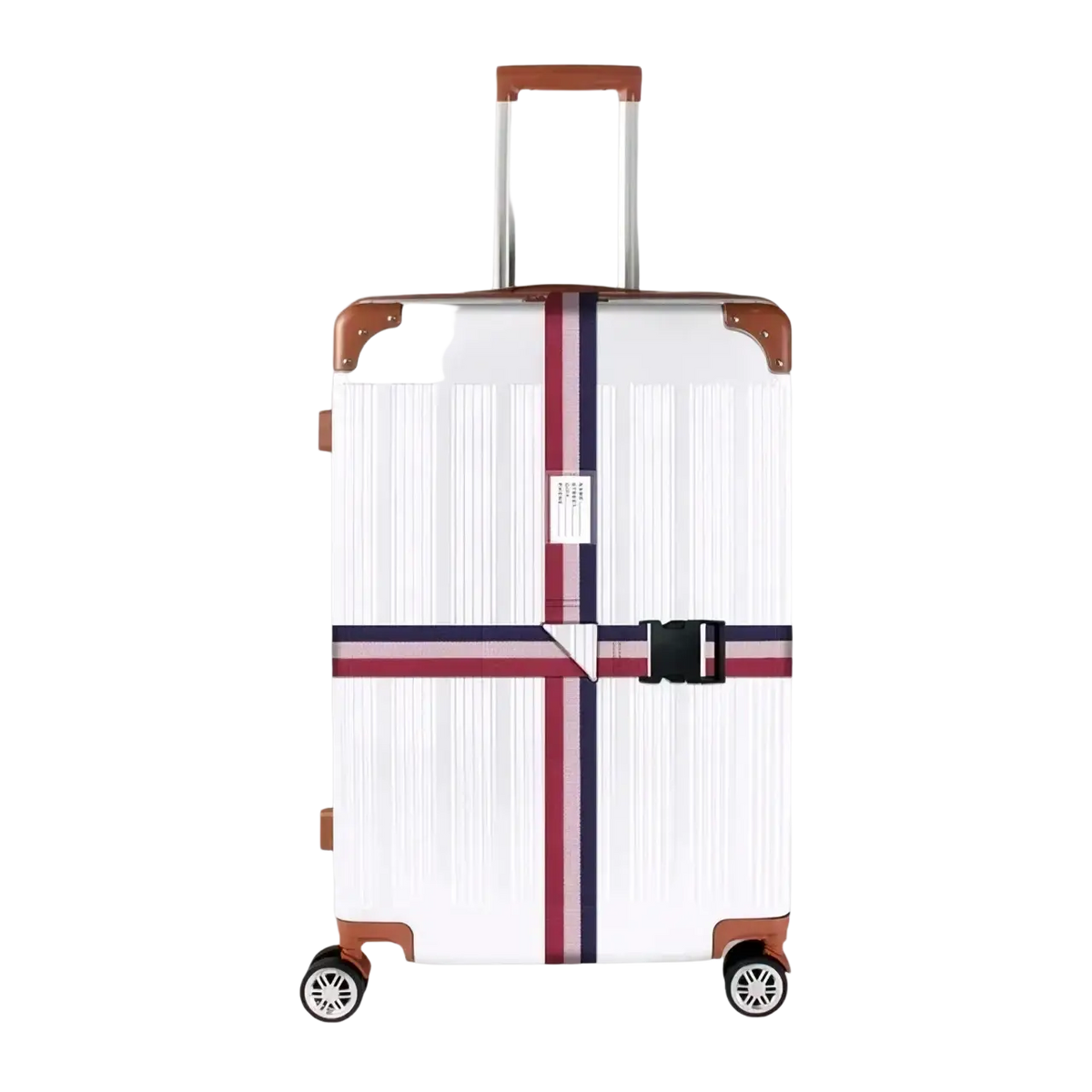 White hard-shell suitcase with brown accents featuring an adjustable heavy duty striped luggage strap belt