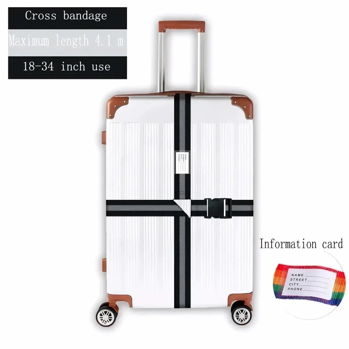 White hard-shell suitcase with brown corner protectors secured by an adjustable heavy duty black luggage strap