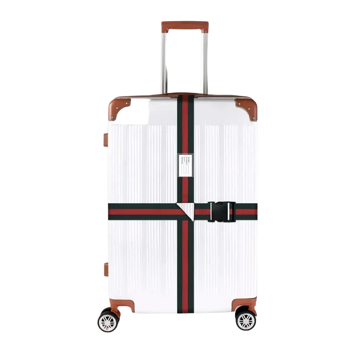 Adjustable heavy duty luggage strap on white hard-shell suitcase with brown leather corners and red green striped belt