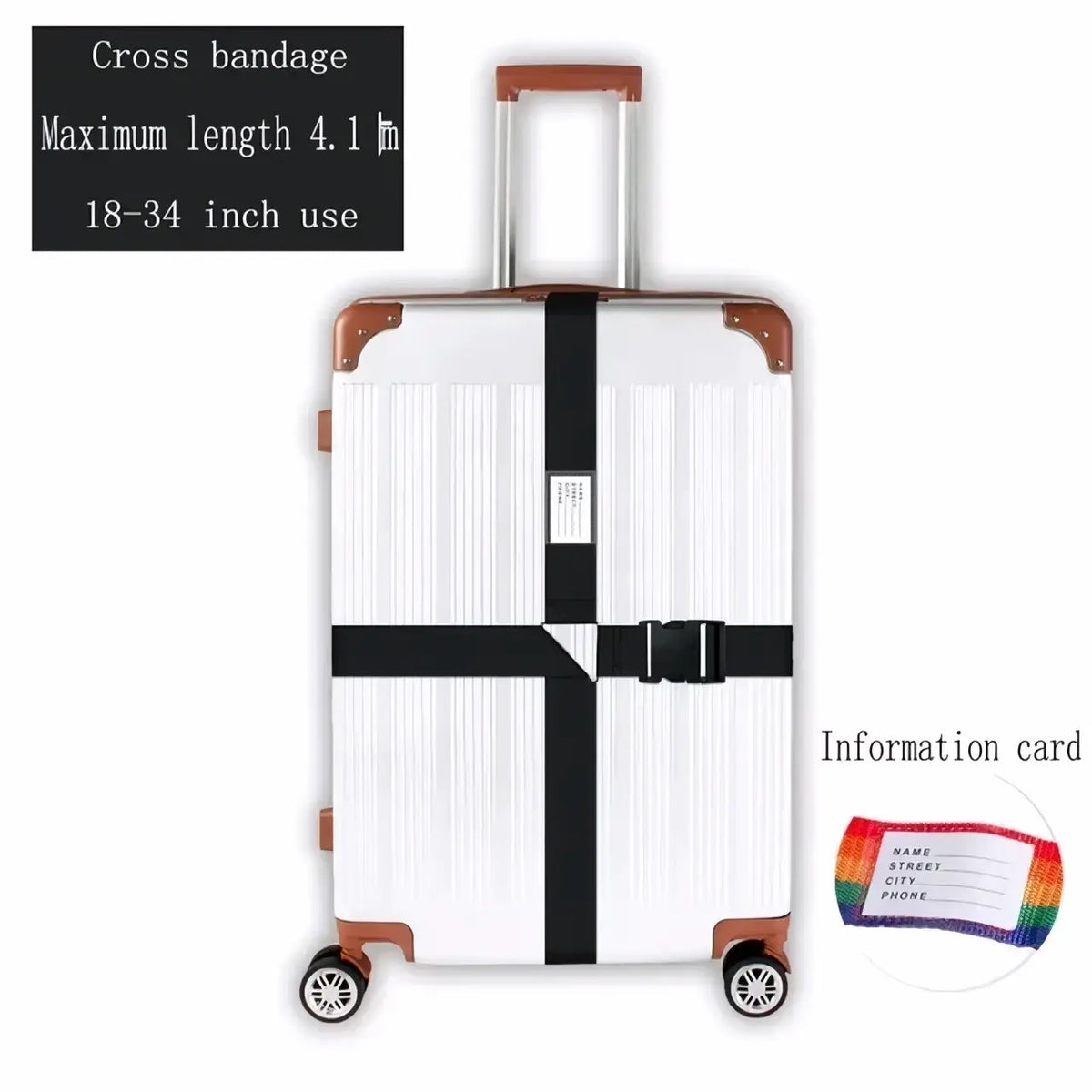 Adjustable luggage strap heavy duty suitcase belt securing a white hard-shell suitcase with brown corner protectors