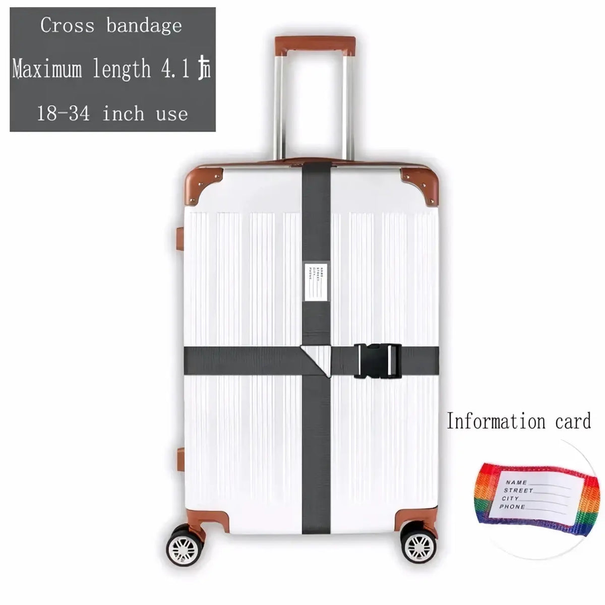 White hard-shell suitcase with brown corner protectors secured by adjustable heavy duty black luggage strap belt