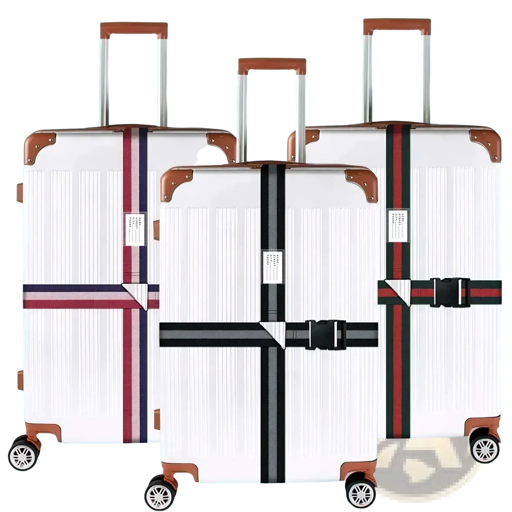 Adjustable luggage strap heavy duty suitcase belt with white hard-shell suitcases and brown leather accents