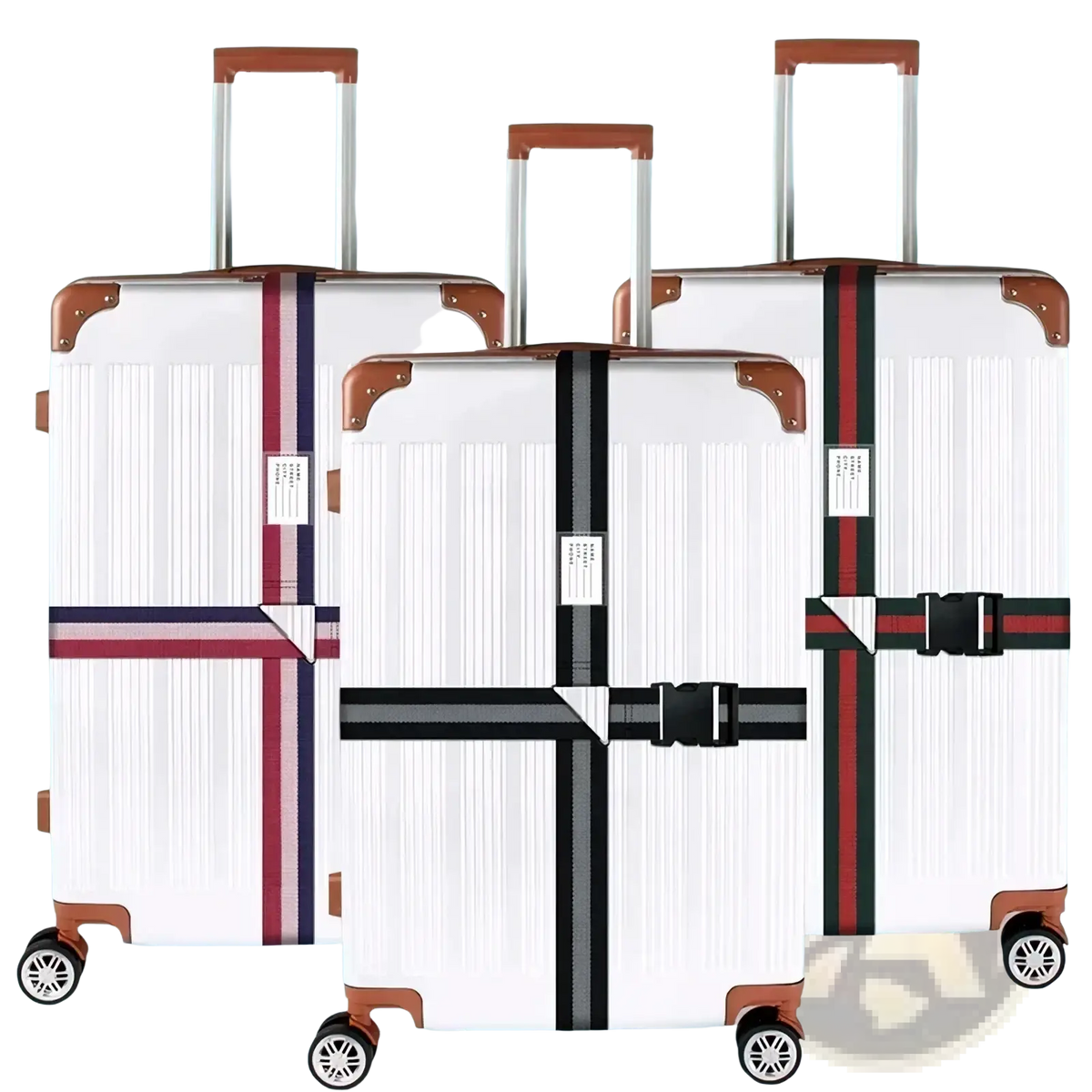 Adjustable luggage strap heavy duty suitcase belt with white hard-shell suitcases and brown leather accents