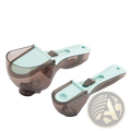 Adjustable measuring spoon set with magnetic base featuring two translucent brown and light blue plastic spoons