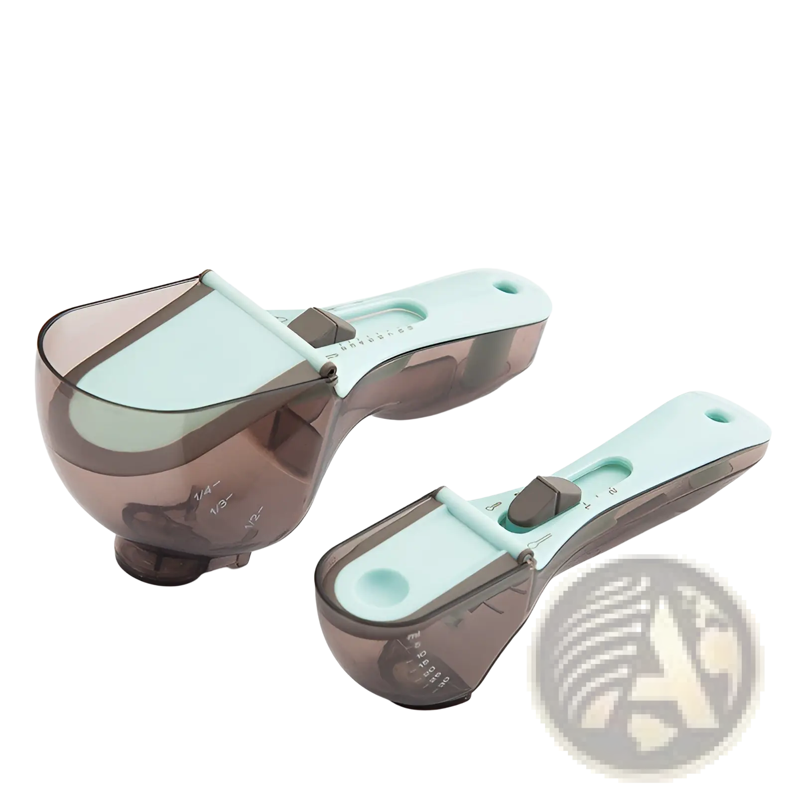 Adjustable measuring spoon set with magnetic base featuring two translucent brown and light blue plastic spoons