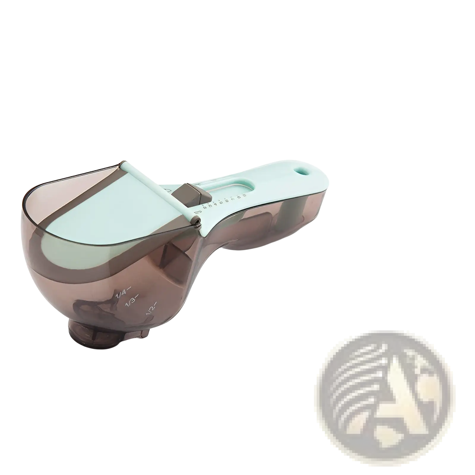 Translucent brown plastic adjustable measuring scoop with mint green handle and lid featuring measurement markings