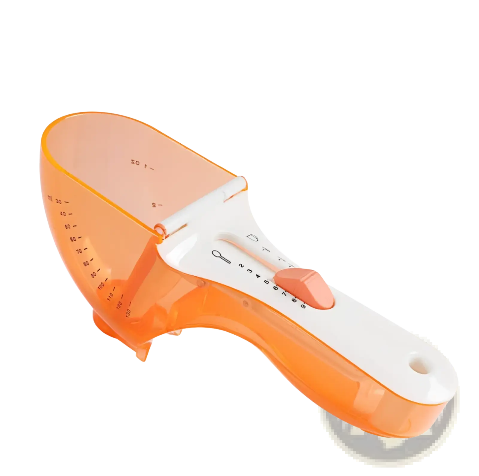 Orange and white plastic adjustable measuring spoon set with built-in spoon attachment and magnetic base