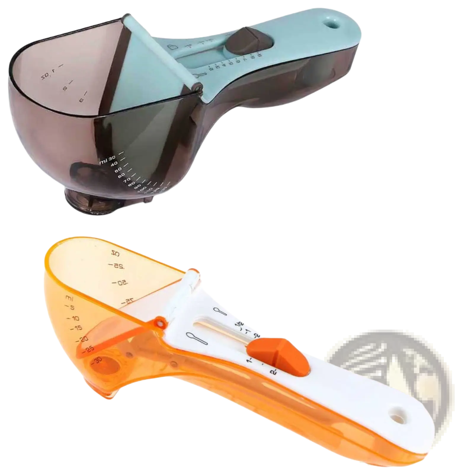 Adjustable measuring spoon set with magnetic base featuring two colorful plastic cups in translucent orange and dark brown with blue accents