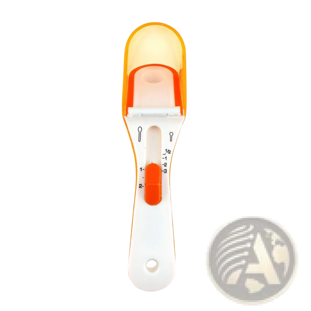 Adjustable orange and white plastic measuring spoon with sliding scale for precise measurements and magnetic base