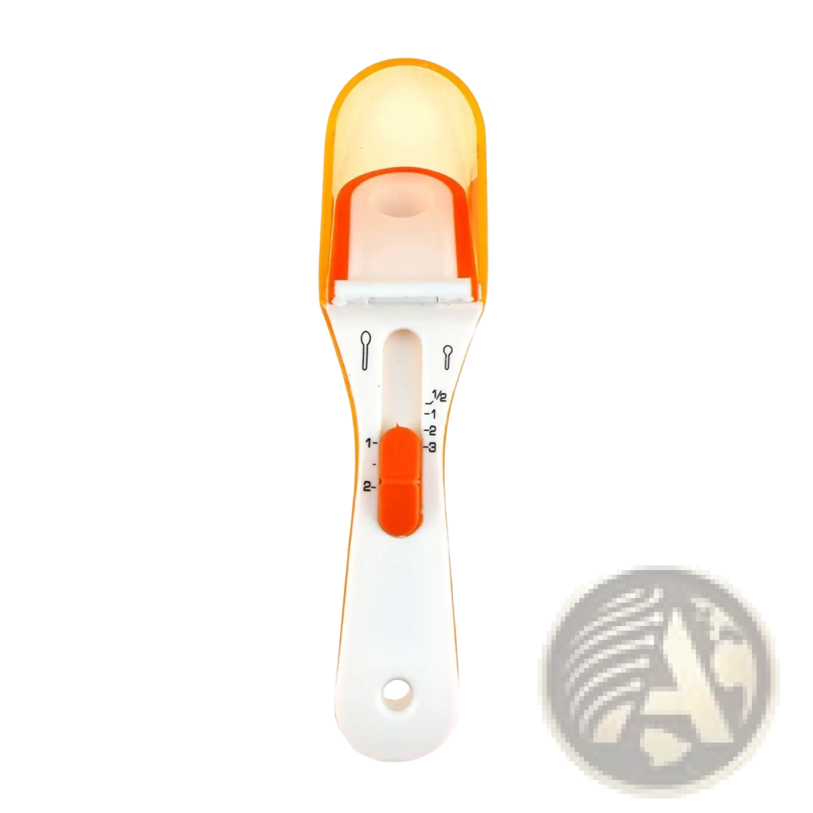 Adjustable orange and white plastic measuring spoon with sliding scale for precise measurements and magnetic base