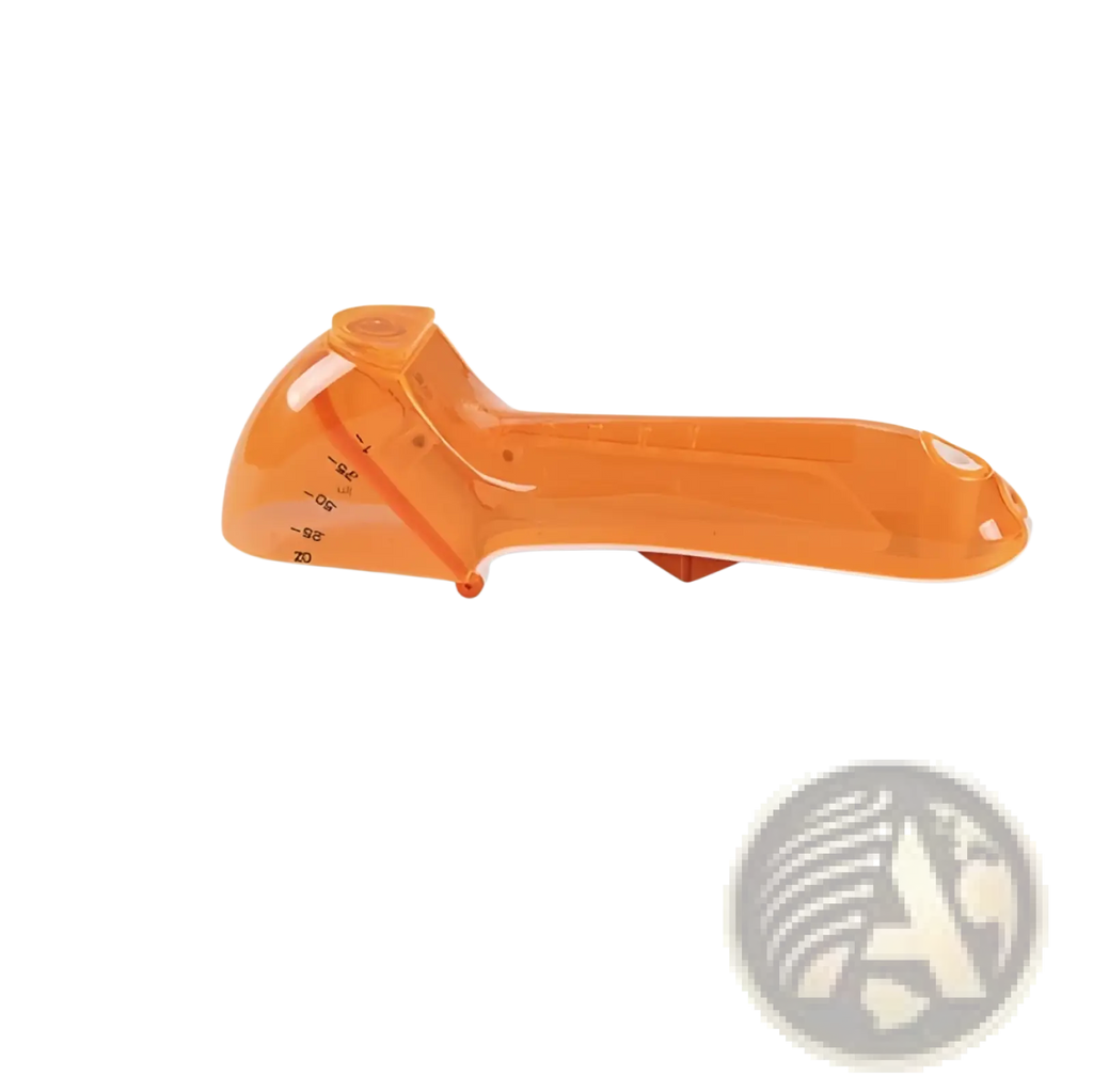 Orange plastic fruit peeler with measurement markings from adjustable measuring spoon set with magnetic base