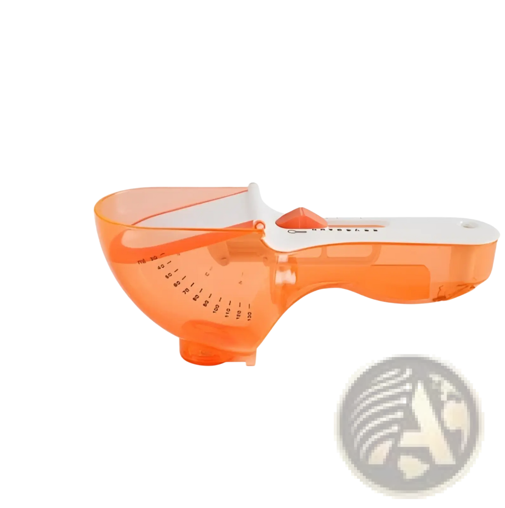Orange plastic adjustable measuring bowl with white handle and measurement markings from adjustable measuring spoon set with magnetic base