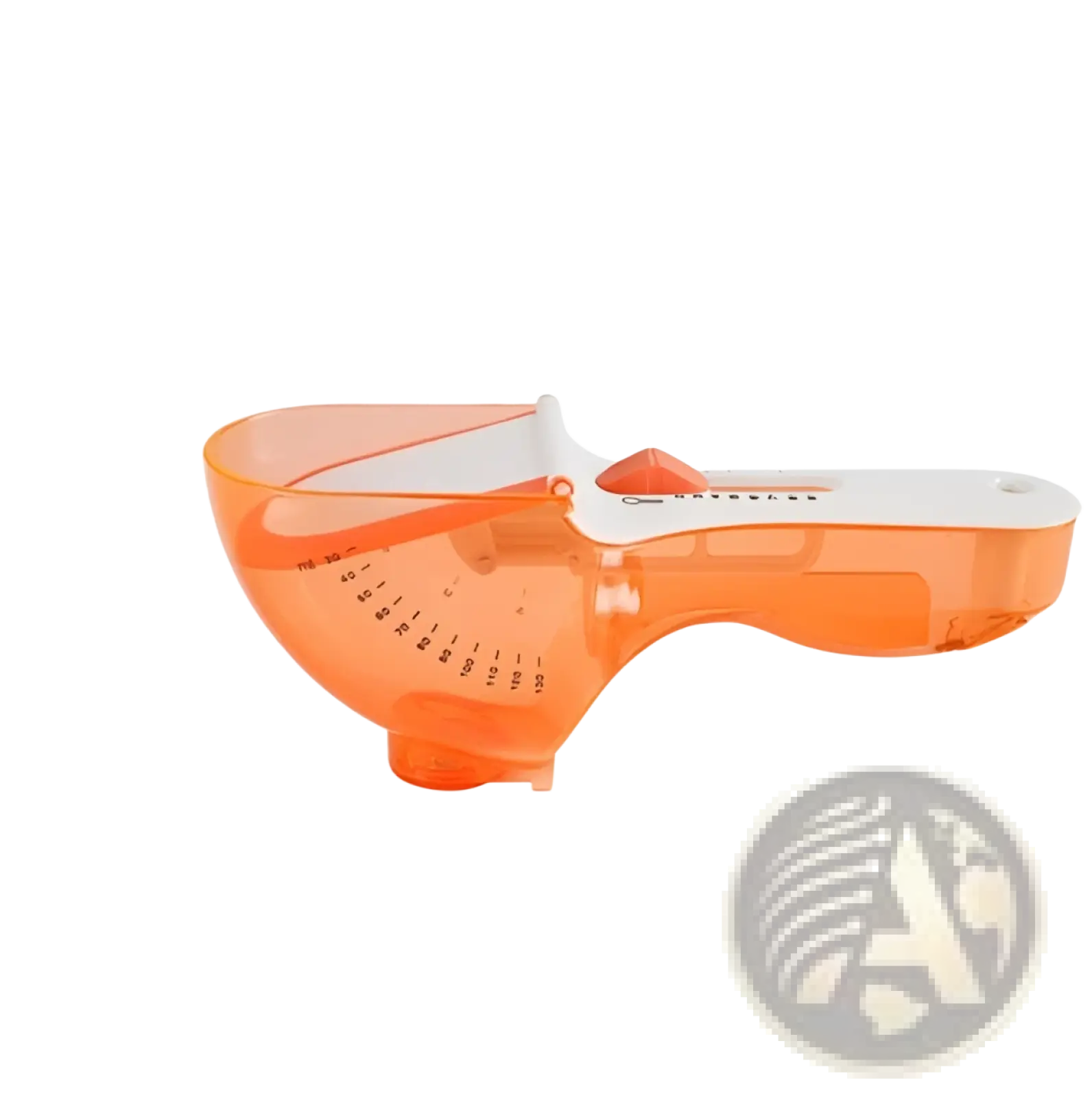 Orange plastic adjustable measuring bowl with white handle and measurement markings from adjustable measuring spoon set with magnetic base