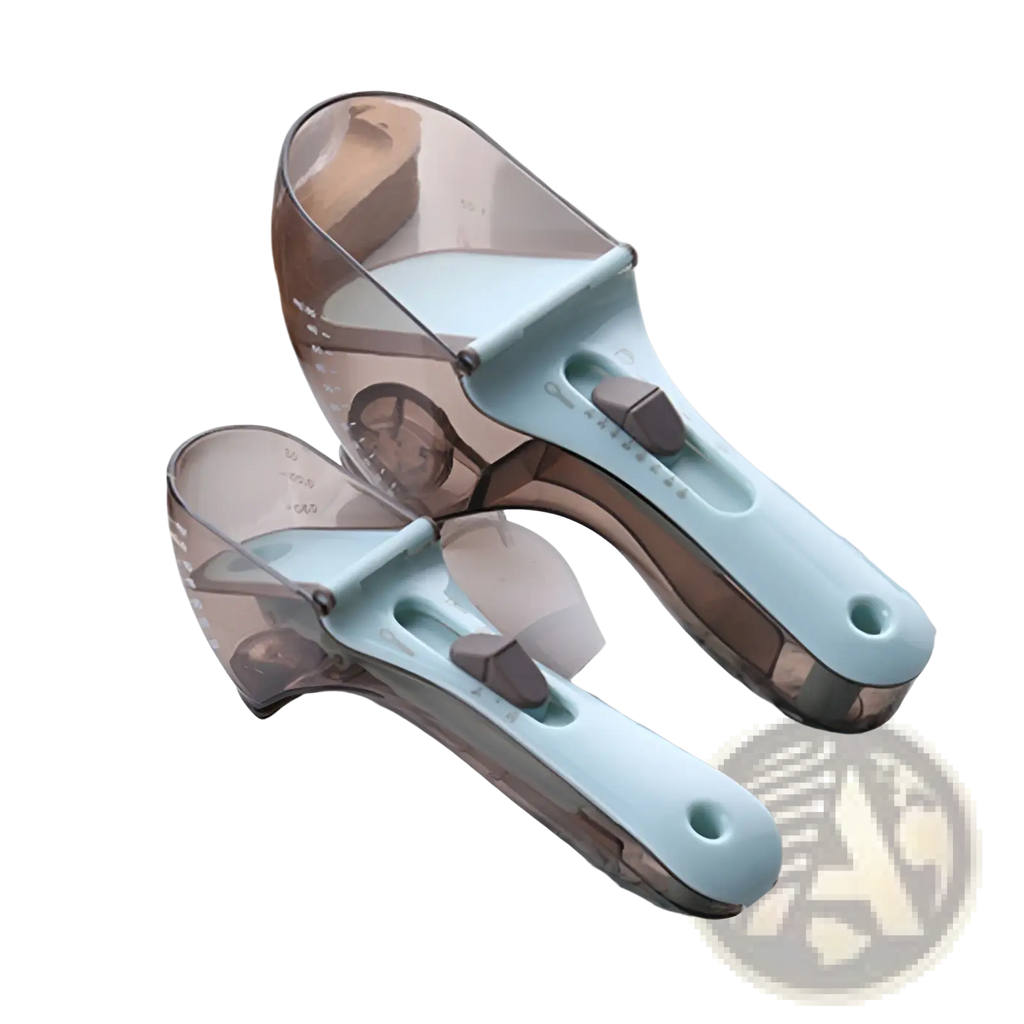 Adjustable measuring spoon set with magnetic base featuring two translucent teal and brown plastic spoons with integrated handles