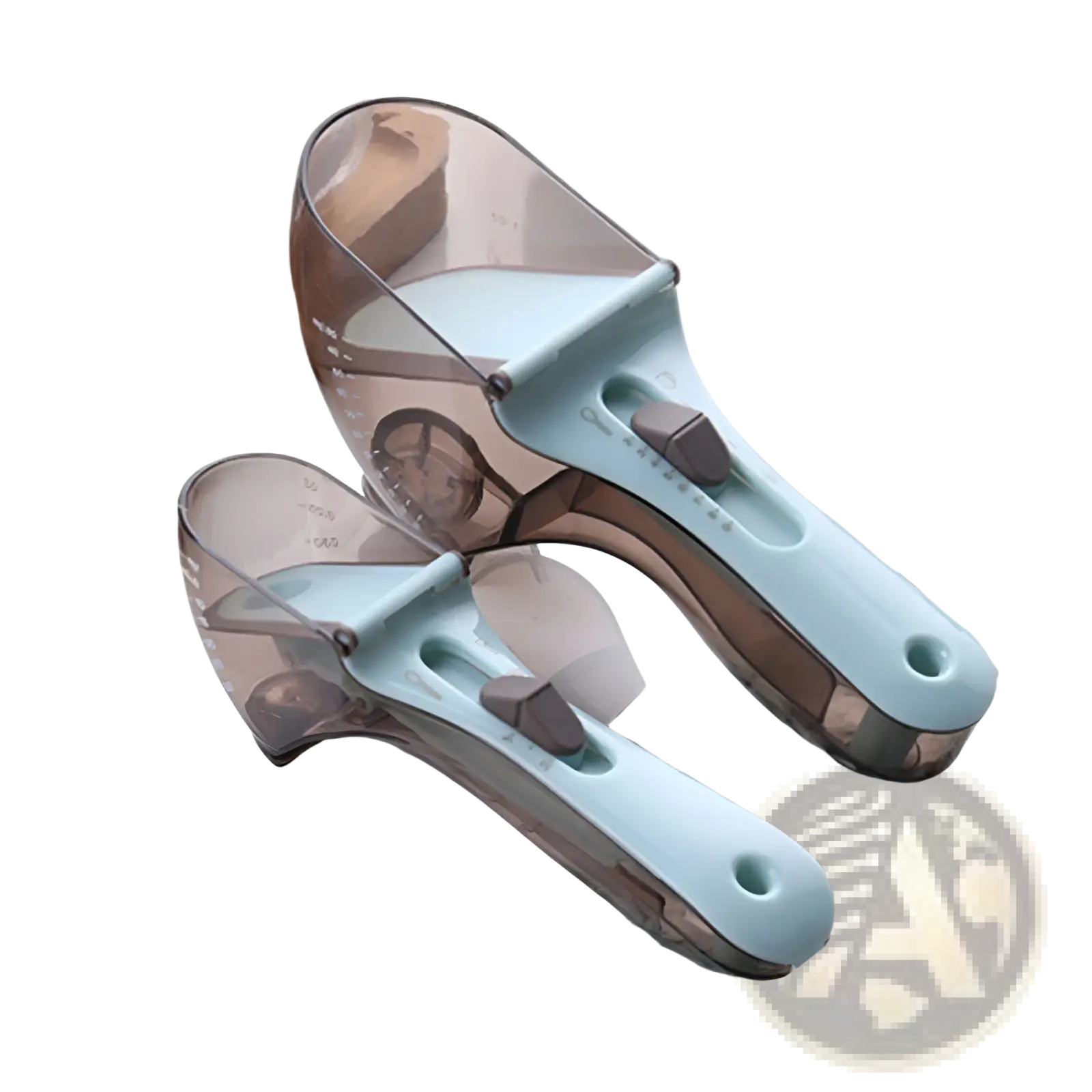 Adjustable measuring spoon set with magnetic base featuring two translucent teal and brown plastic spoons with integrated handles