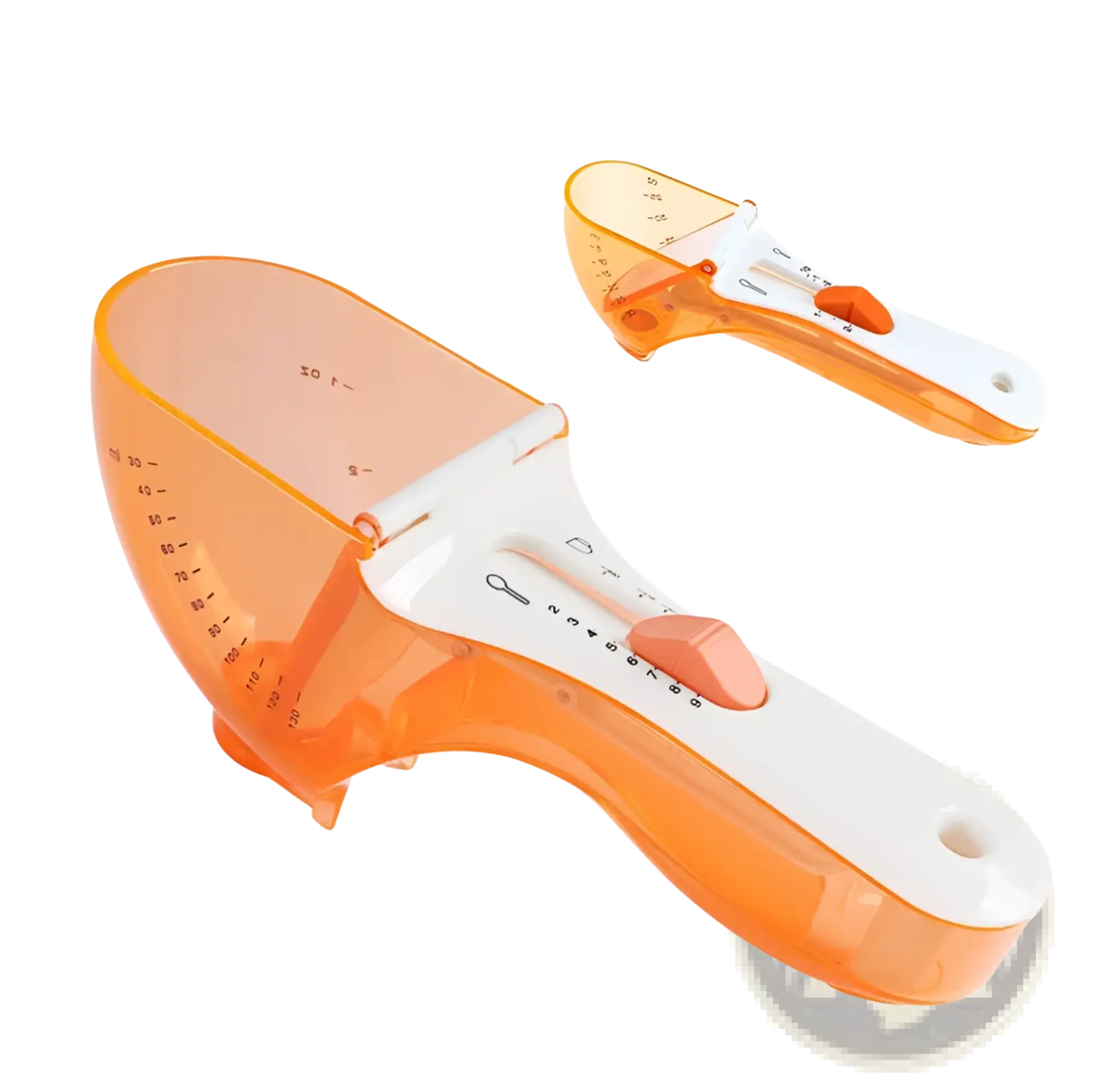 Adjustable measuring spoon set with magnetic base featuring orange and white plastic cups with clear volume markings