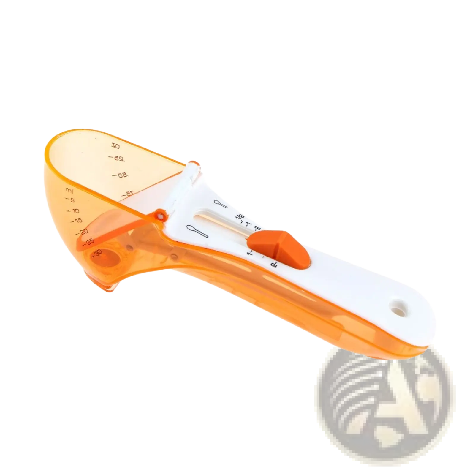 Adjustable orange and white plastic measuring spoon with sliding mechanism for precise portioning and magnetic base