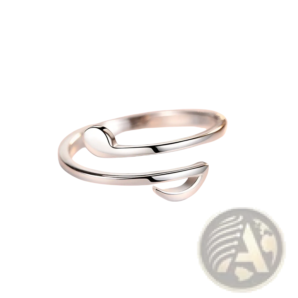 Adjustable minimalist silver-toned ring with two interlocking curved bands in sleek modern design