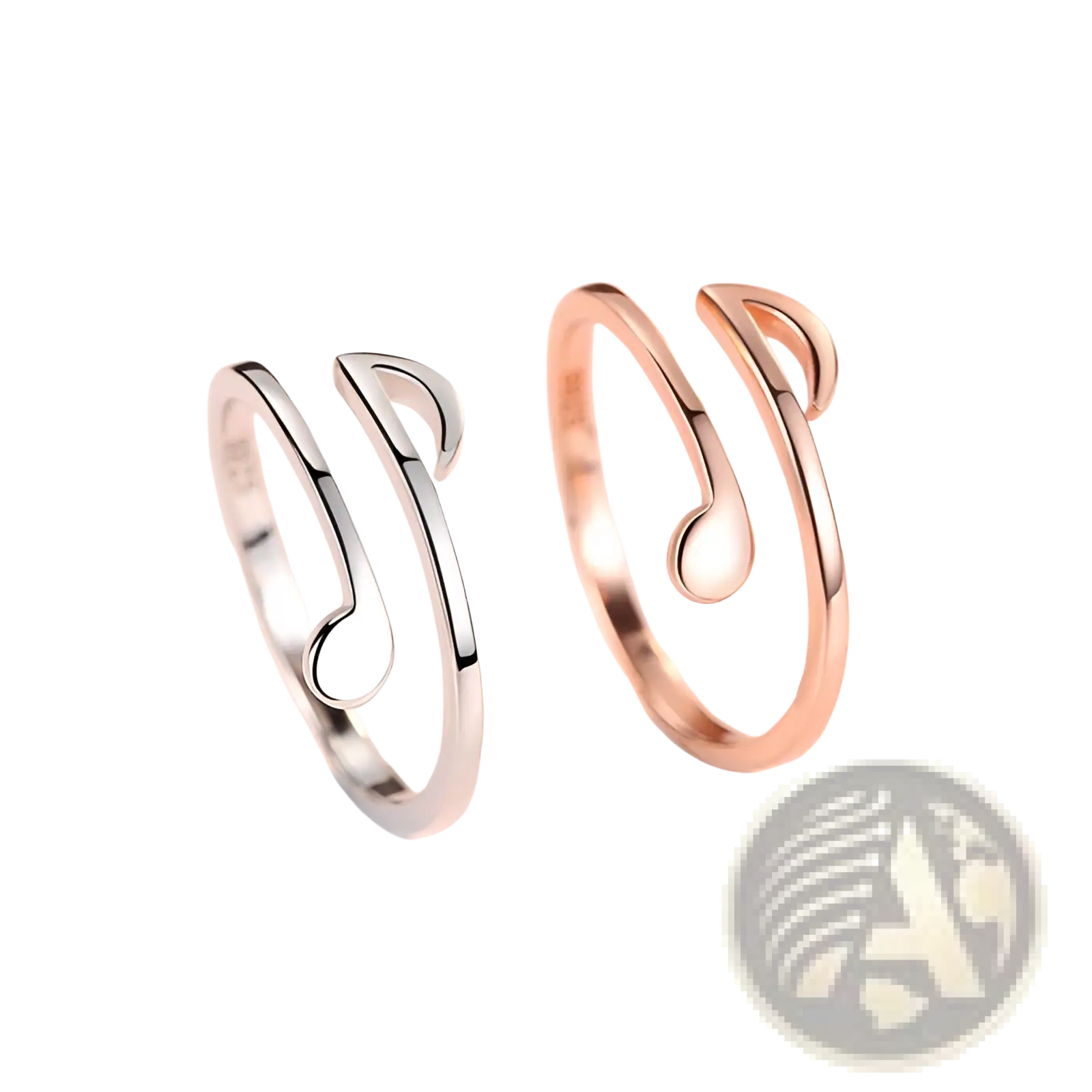 Adjustable minimalist music note and heart rings featuring open-ended design in polished silver and rose gold