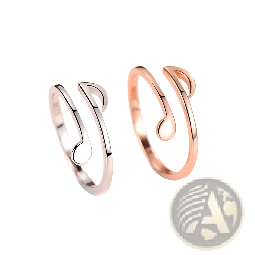 Adjustable minimalist music note and heart rings featuring open-ended design in polished silver and rose gold