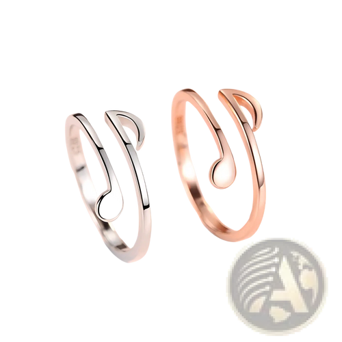 Adjustable minimalist music note and heart rings featuring open-ended design in polished silver and rose gold