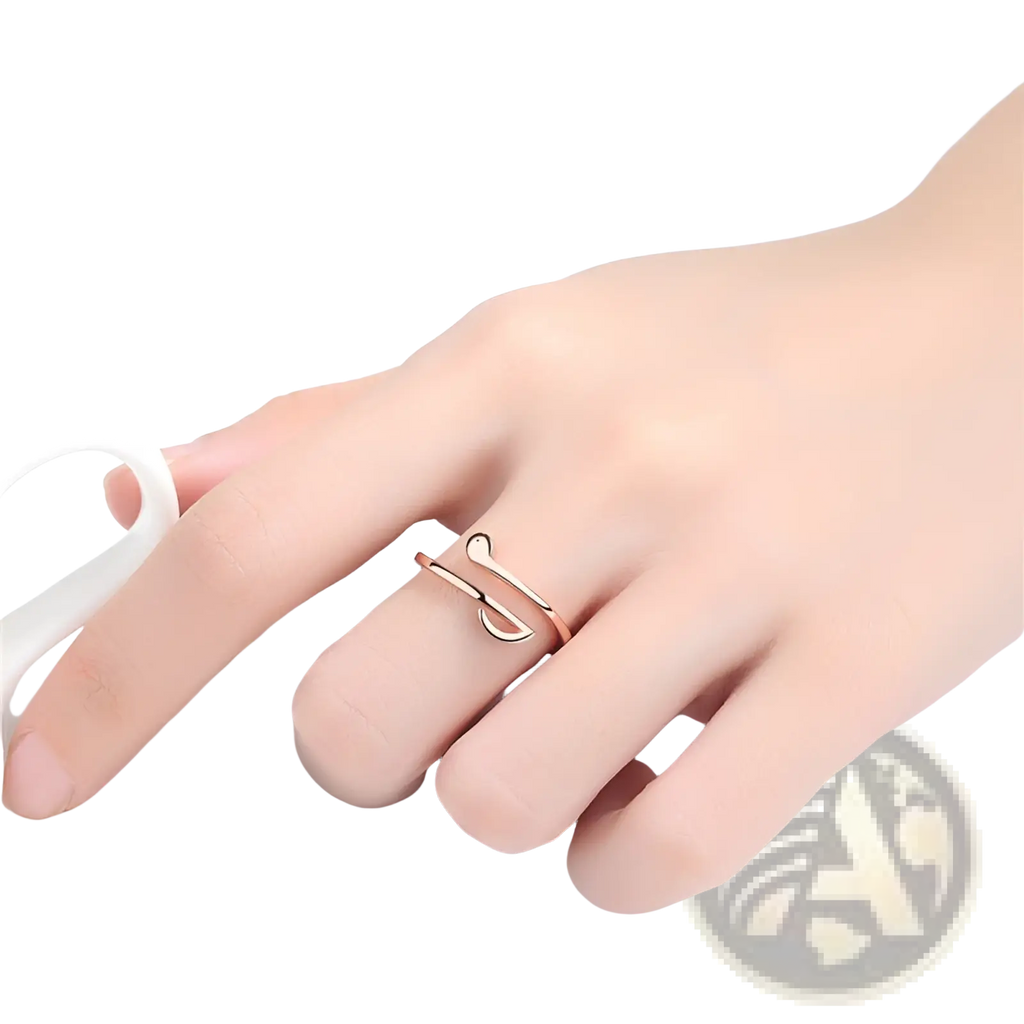 A delicate rose gold adjustable minimalist open ring featuring a heart-shaped design and music note elements