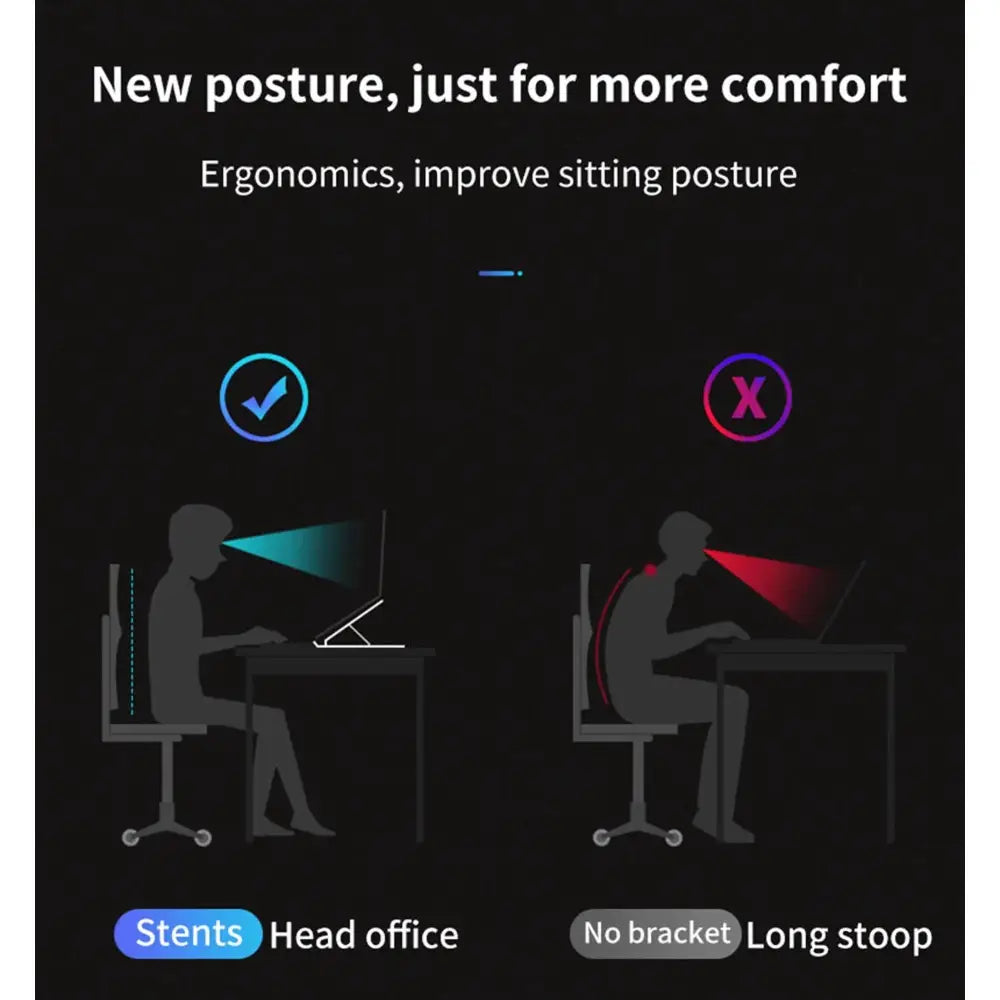Adjustable 6-gear ergonomic cooling laptop stand in black metal with height and angle settings for improved sitting posture