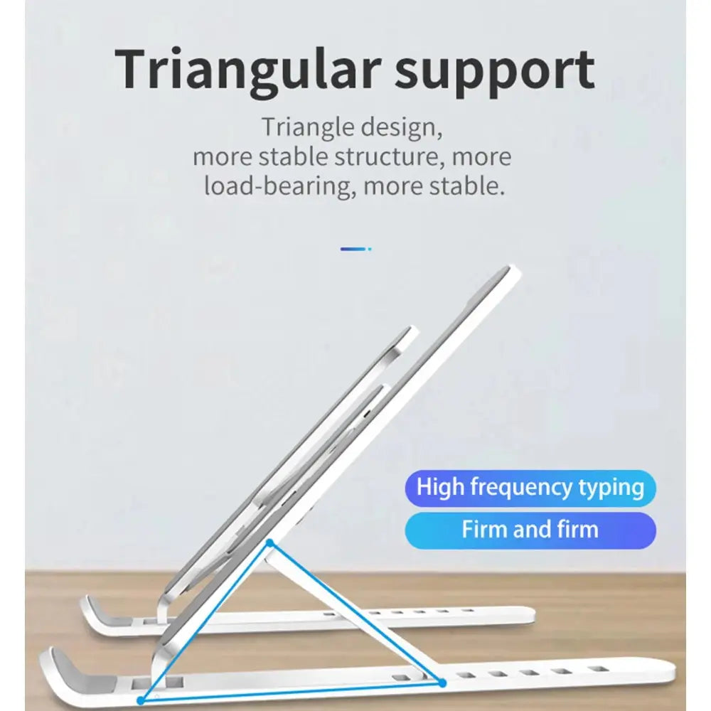 Adjustable 6-gear ergonomic cooling white triangular laptop stand with sleek minimalist design and height adjustment