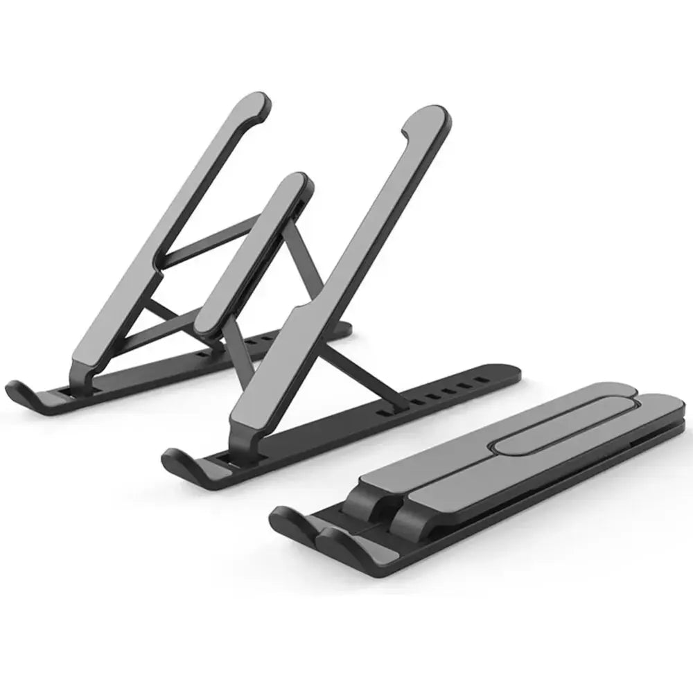 Adjustable black and gray ergonomic laptop stand with six-gear settings and minimalist cooling design