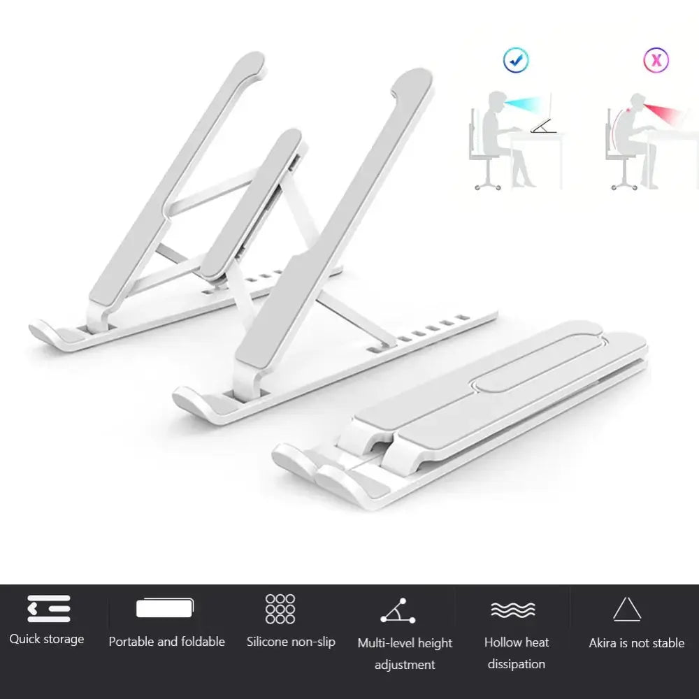 White portable laptop stand with adjustable 6-gear height and silicone non-slip base for ergonomic cooling use