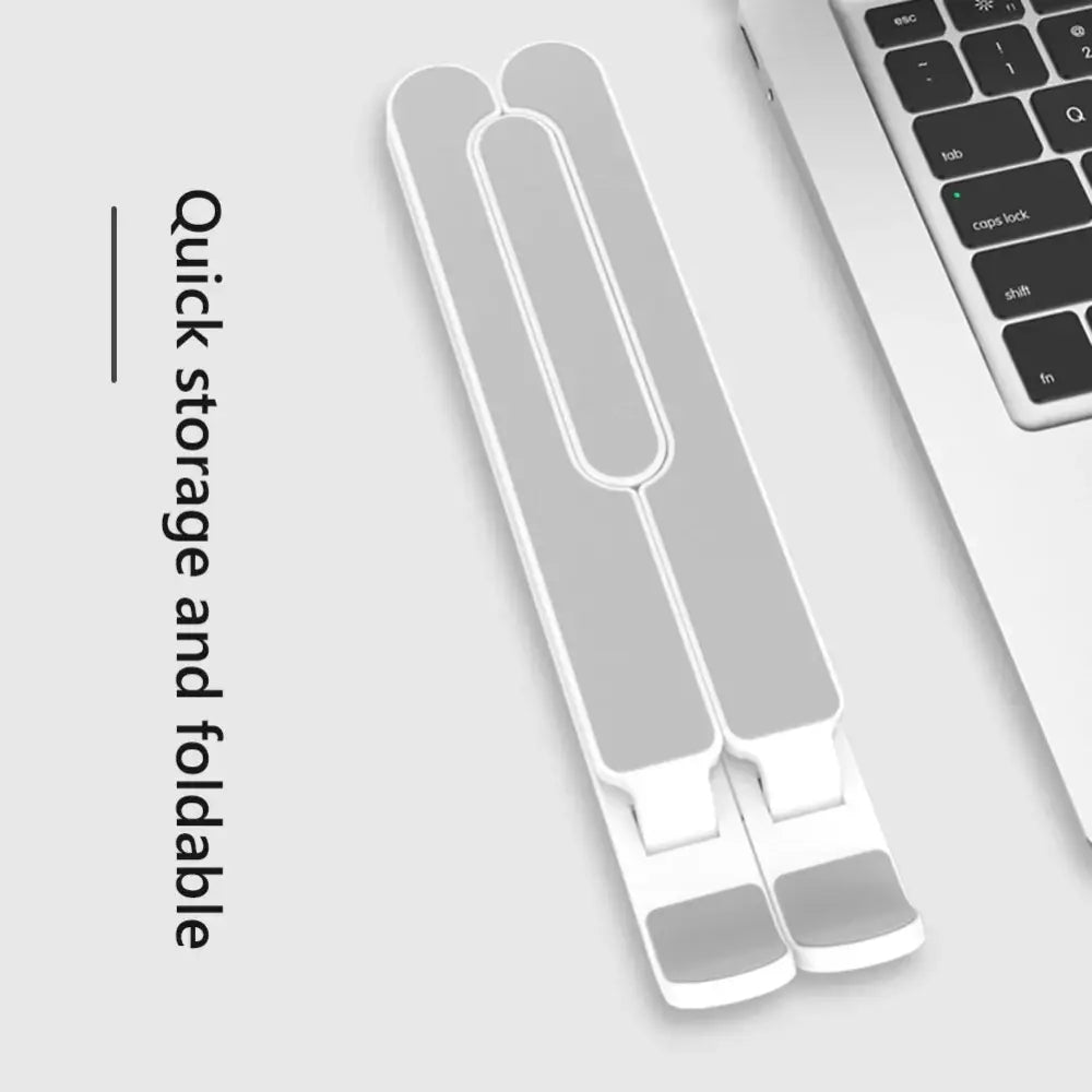 Adjustable 6-gear ergonomic cooling laptop stand in white and gray with a sleek foldable minimalist design