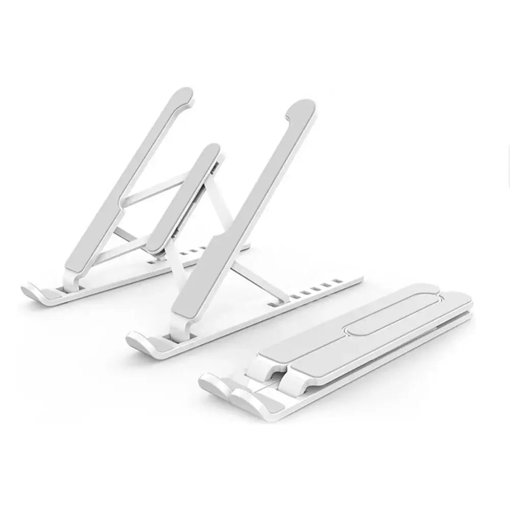 White aluminum laptop stand with adjustable height and foldable design for ergonomic cooling use