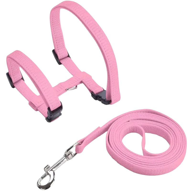 Adjustable nylon cat harness and leash set in pink woven fabric with black plastic buckles and silver metal clasp