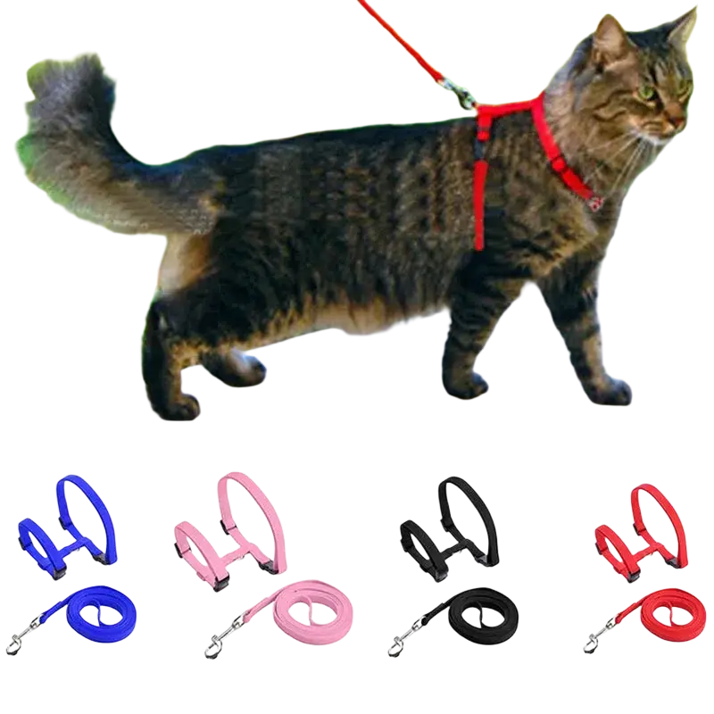 Adjustable nylon cat harness and leash set in red made of durable fabric with metal hardware for secure use