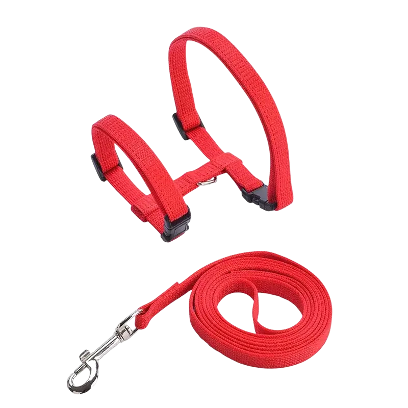 Adjustable red nylon cat harness and leash set with black plastic buckles and silver metal clasp for secure fit
