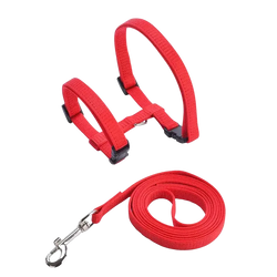 Adjustable nylon cat harness and leash set in red woven fabric with black plastic buckles and silver metal clasp
