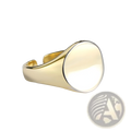 Adjustable oval minimalist signet ring in polished gold metal with smooth rounded face and adjustable band
