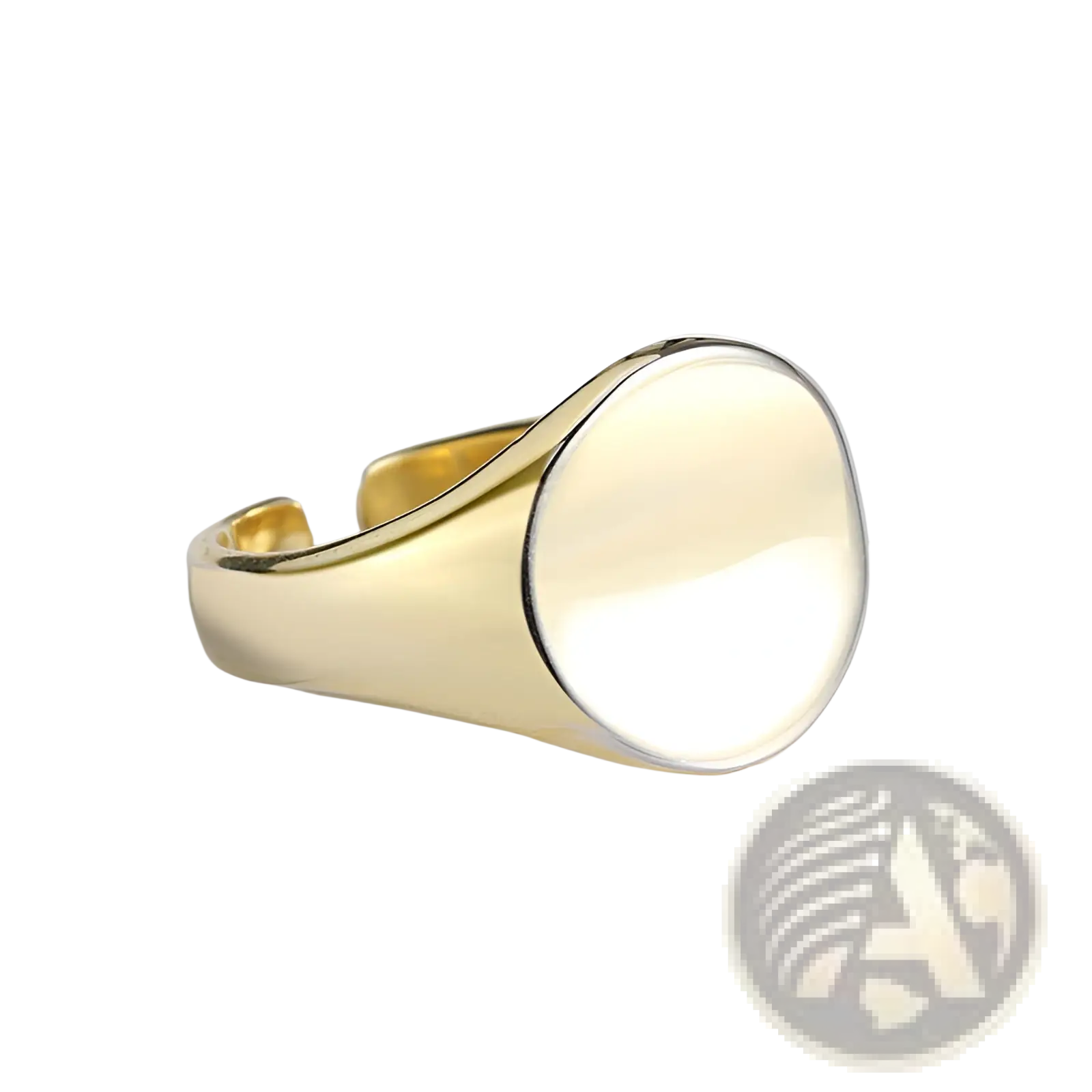 Adjustable oval minimalist signet ring in polished gold metal with smooth rounded face and adjustable band