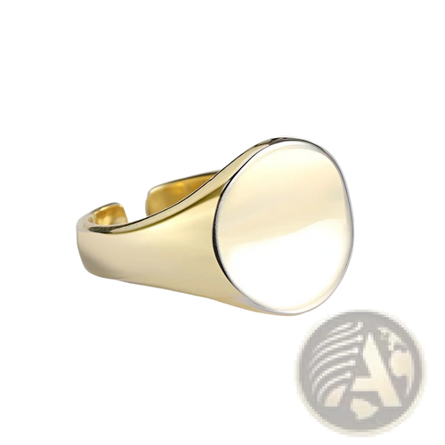 Adjustable oval minimalist signet ring in polished gold metal with smooth rounded face and adjustable band