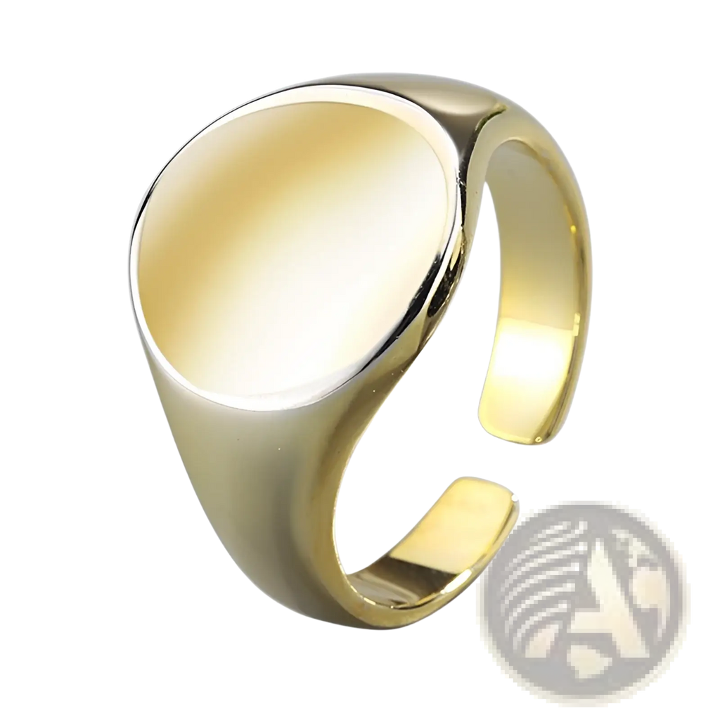 Adjustable oval minimalist signet ring in polished gold-toned metal with smooth oval face and sleek band