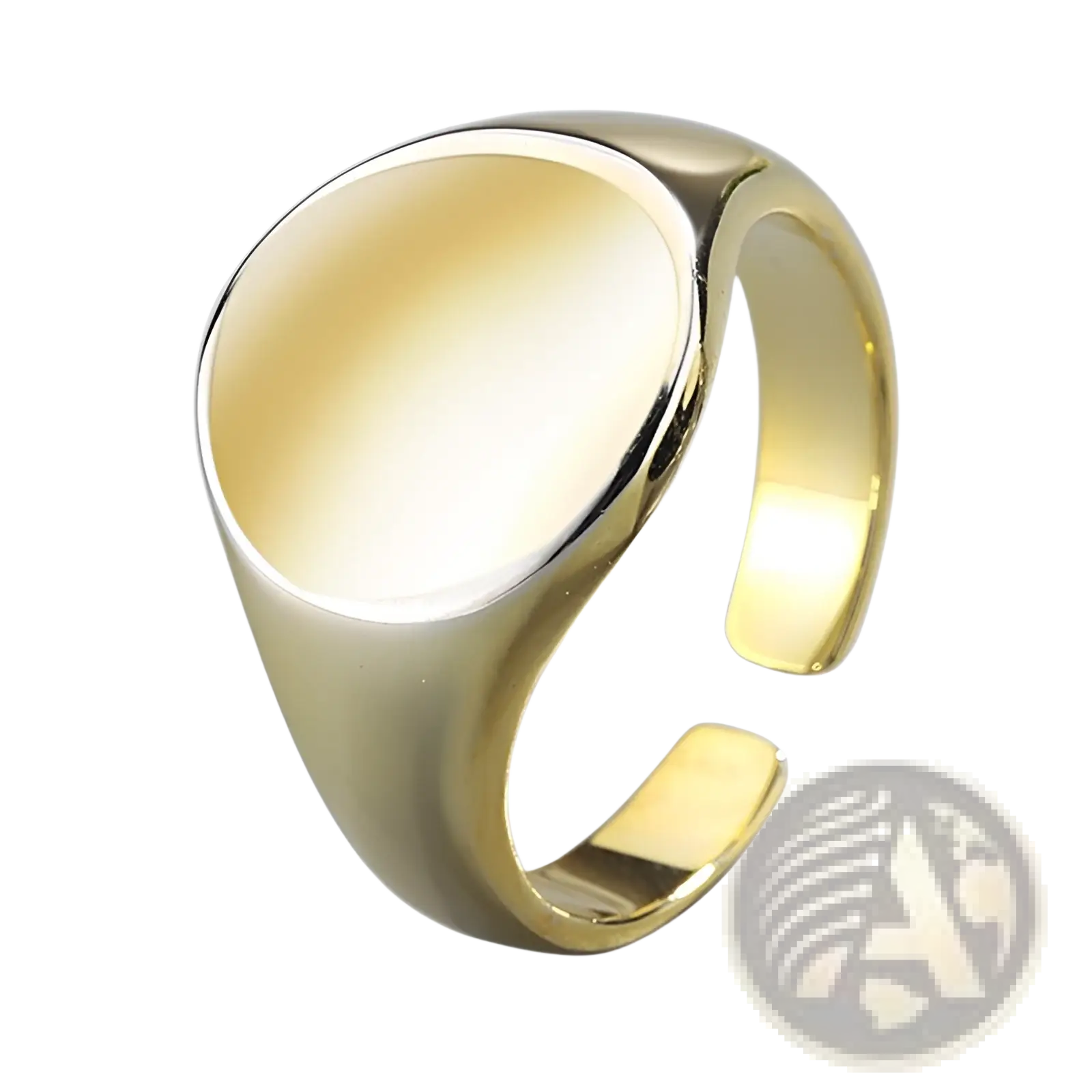 Adjustable oval minimalist signet ring in polished gold-toned metal with smooth oval face and sleek band