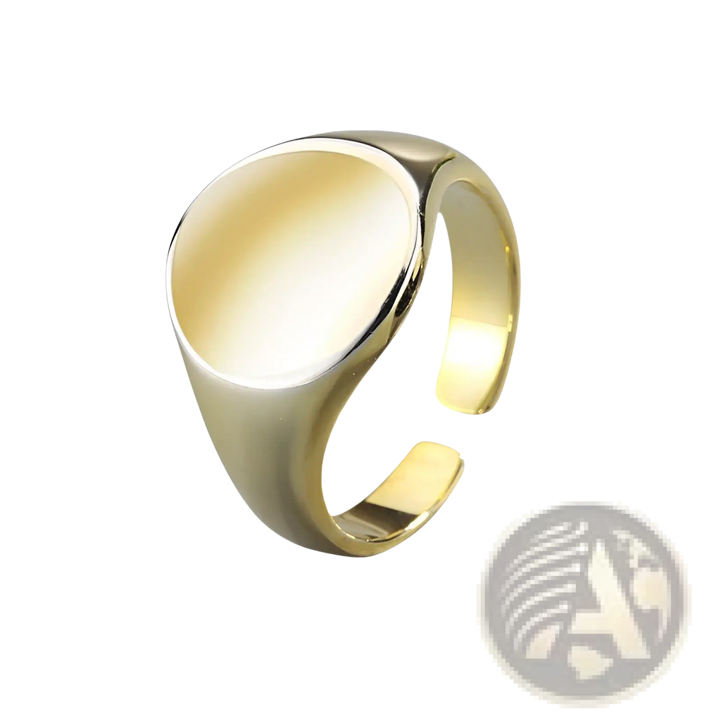 Adjustable oval minimalist signet ring in gold-toned polished metal with a smooth, oval-shaped face and metallic band