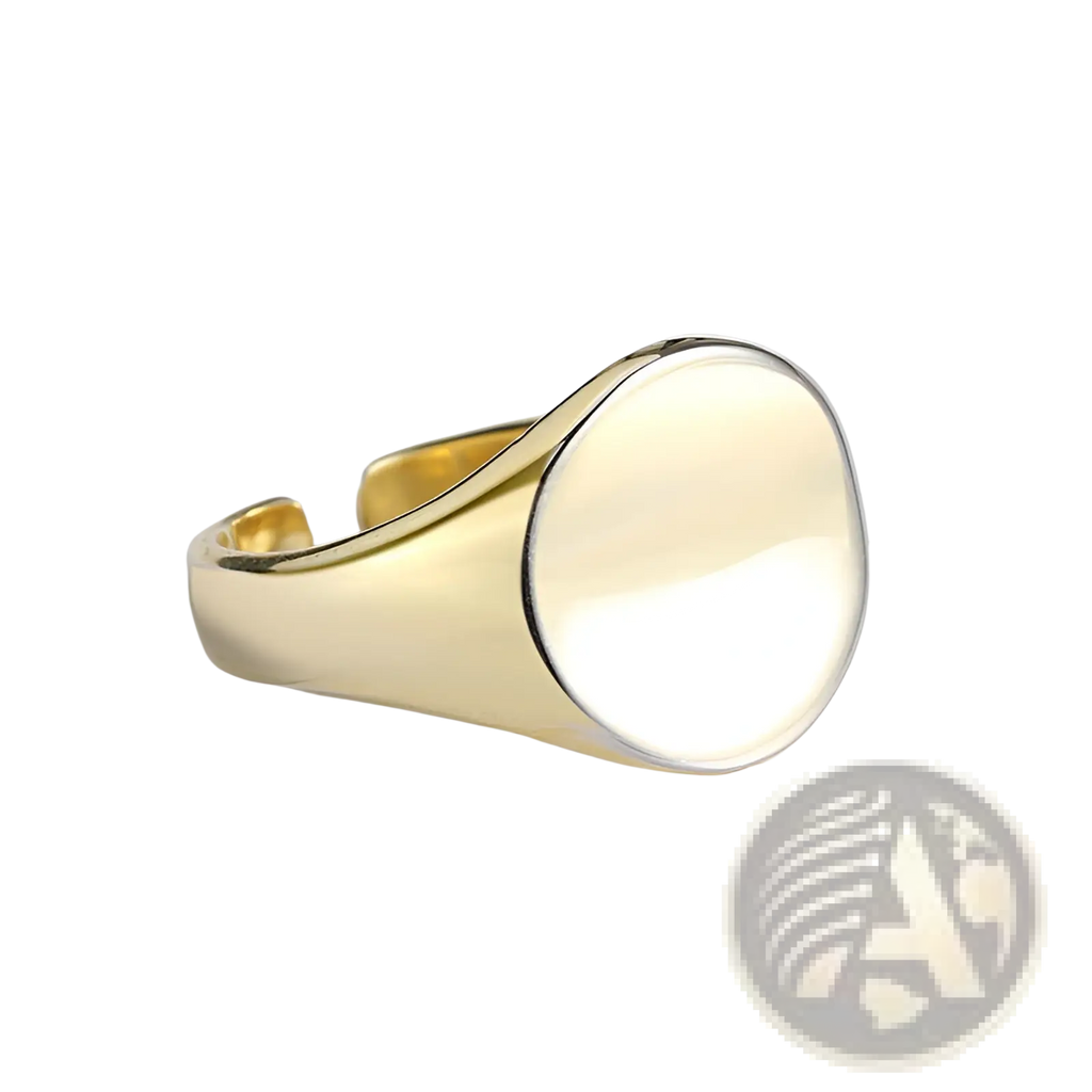 Adjustable oval minimalist signet ring in polished gold-colored metal with smooth rounded face and adjustable band