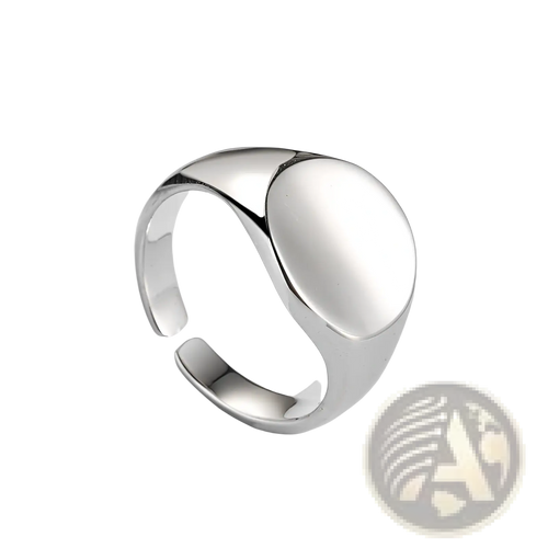 Adjustable oval minimalist silver signet ring with a smooth face and polished metal band