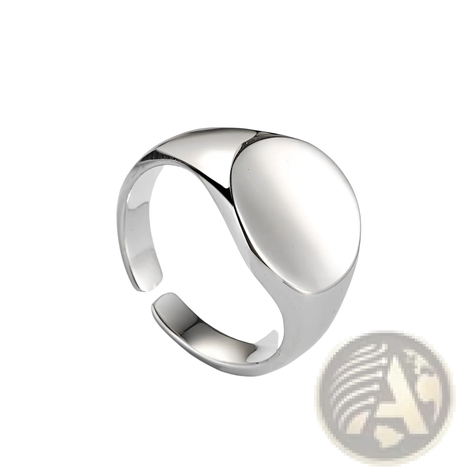 Adjustable oval minimalist silver signet ring in polished metal with smooth face and adjustable band