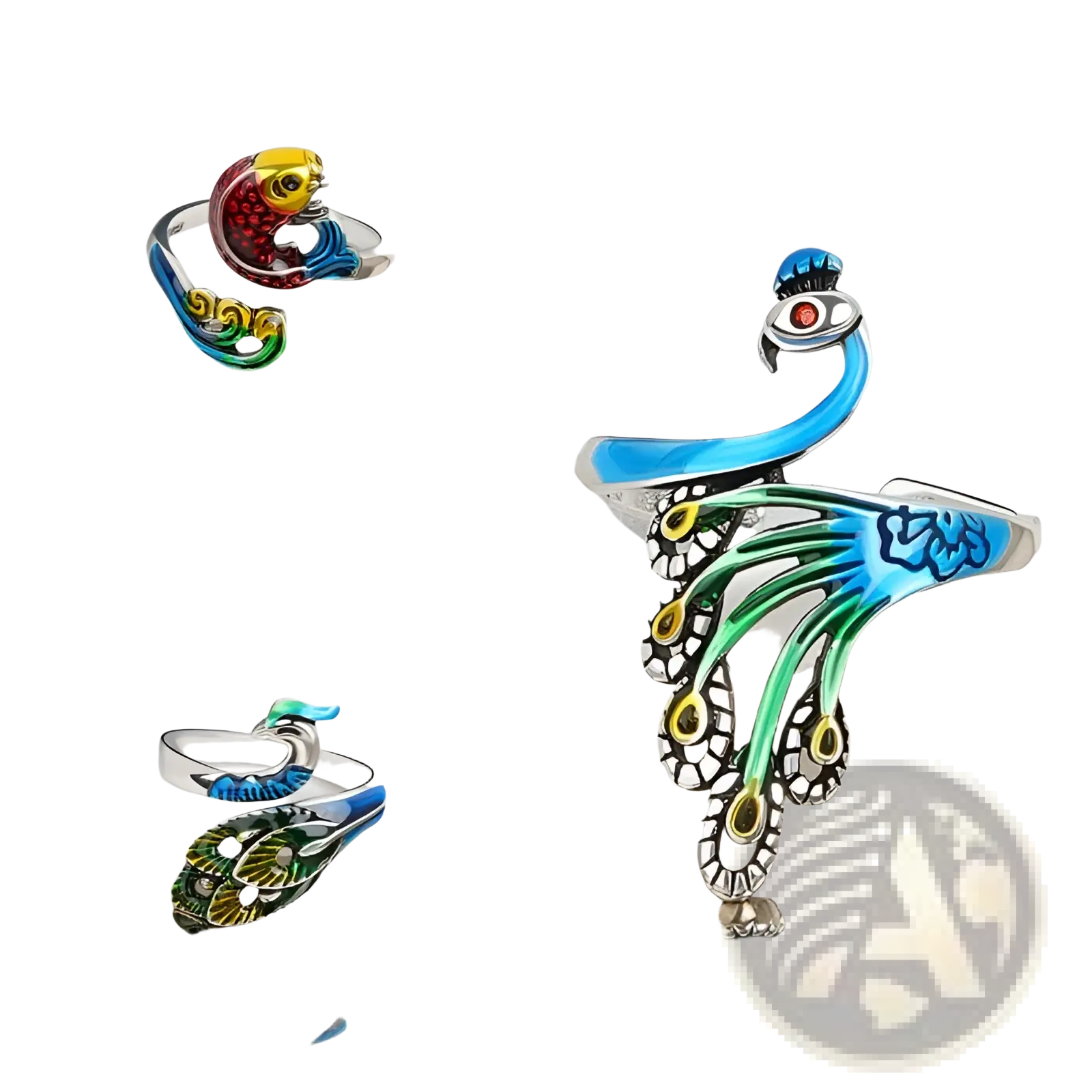 Adjustable peacock and fish crochet tension ring with a silver base and vibrant hand-painted enamel details