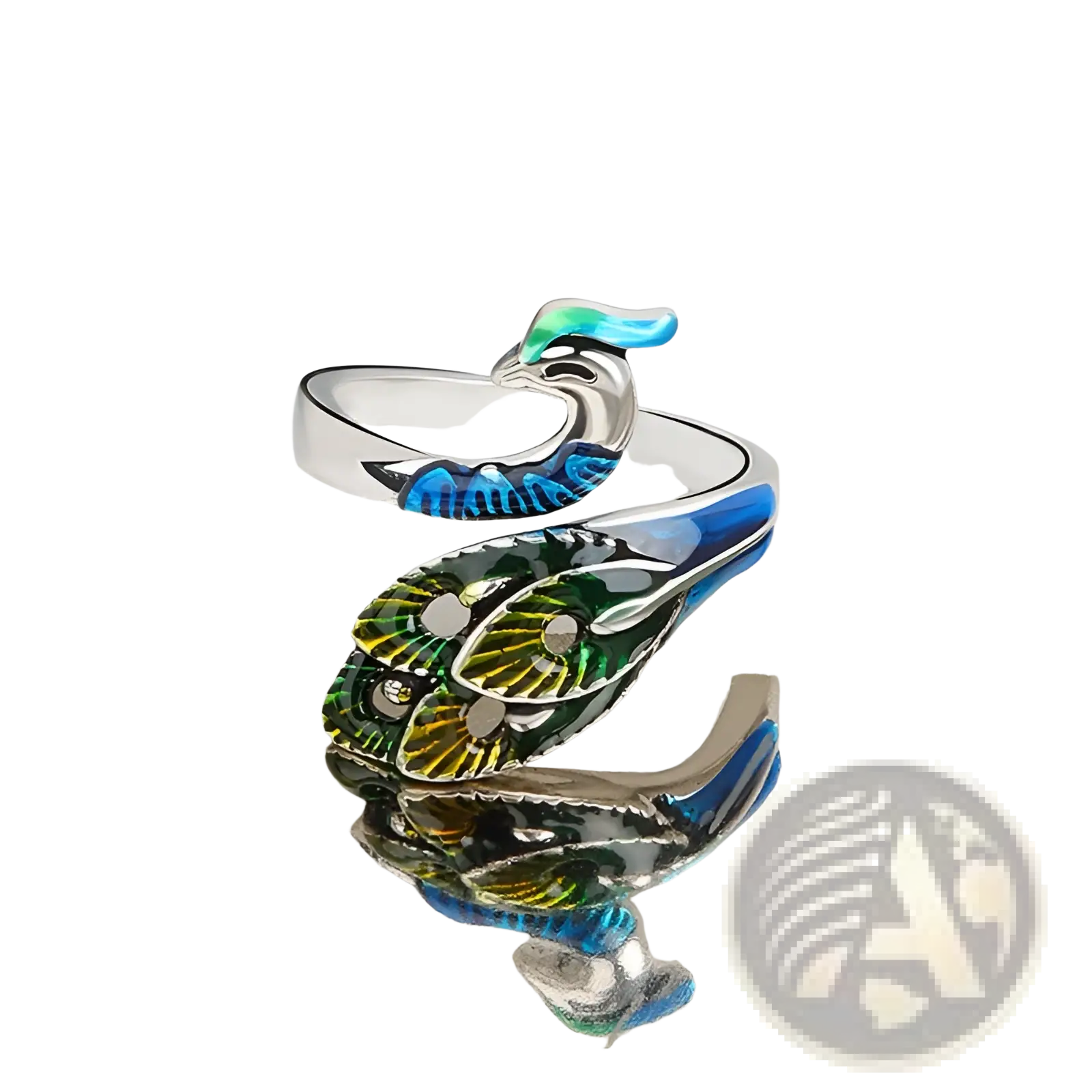 Adjustable silver peacock ring with vibrant blue green and yellow enamel detailing on wings for crochet tension use