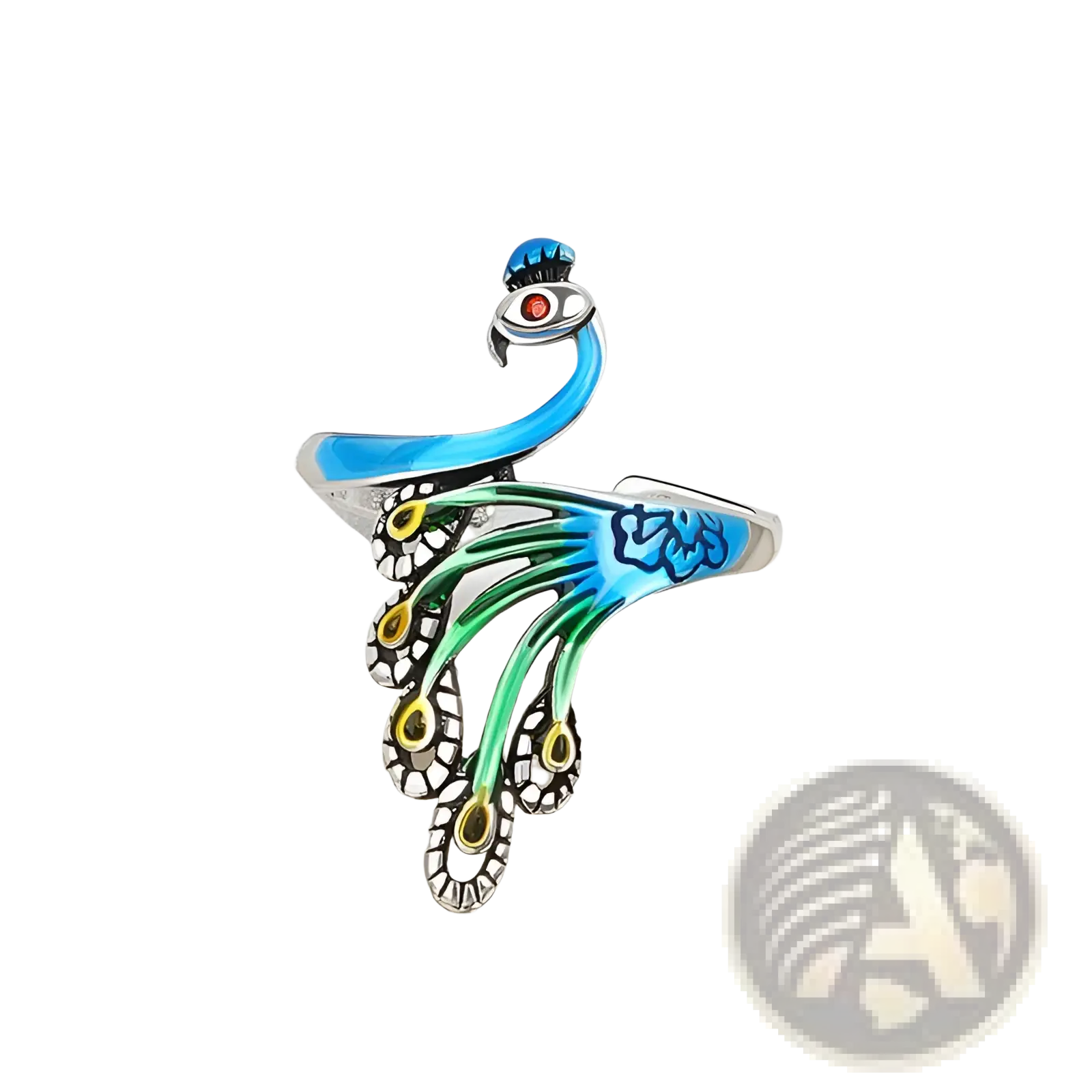 Adjustable silver-toned peacock and fish crochet tension ring with blue green enamel feathers and red gemstone eye