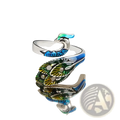Adjustable silver peacock ring with vibrant blue green and yellow enamel detailing on wings for crochet tension use