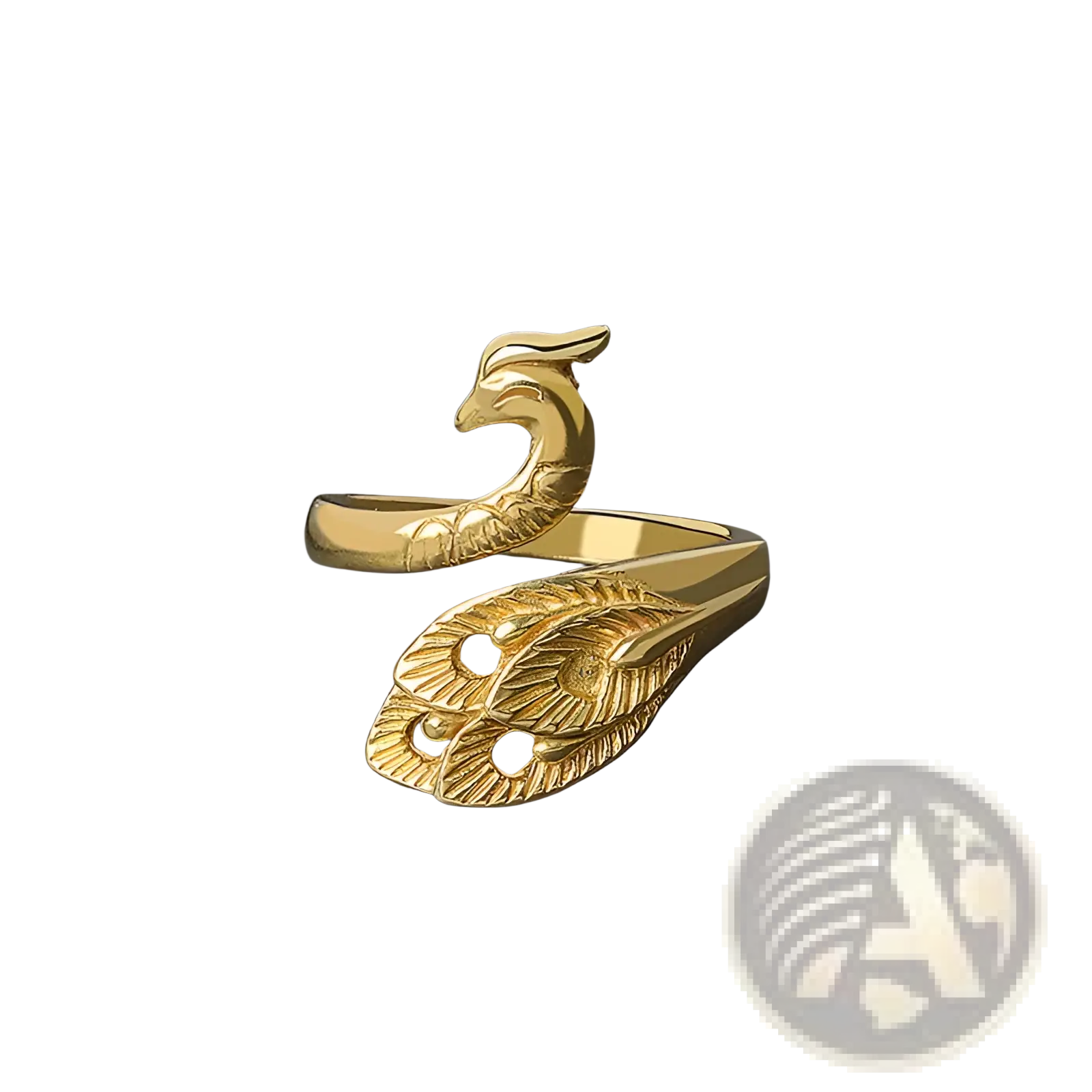 Adjustable gold-colored peacock-themed crochet tension ring with intricate feather detailing and sleek open design